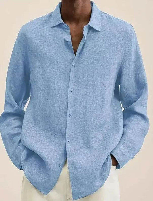 Men's Light Blue Cotton Linen Shirt – Casual Button-Down Long Sleeve