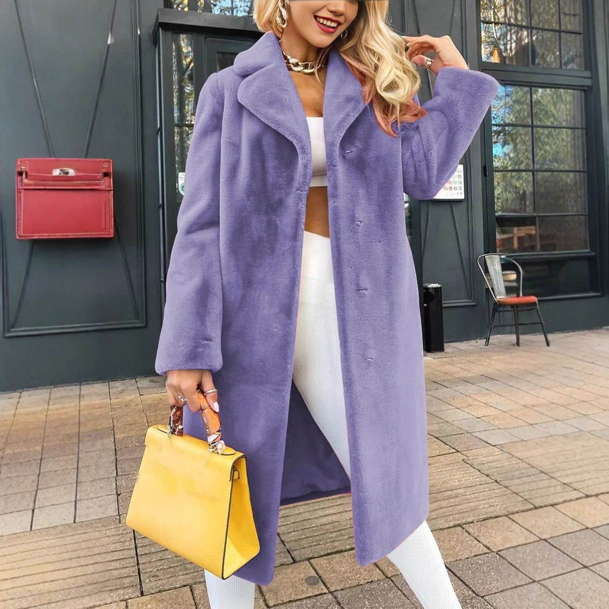 Women's Fashionable Elegant Lace-up Turn-down Collar Plush Long Coat - Velora