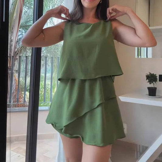 Solid Color Summer Elegance Sleeveless Top Round Neck Stitching One-piece Culotte - Velora