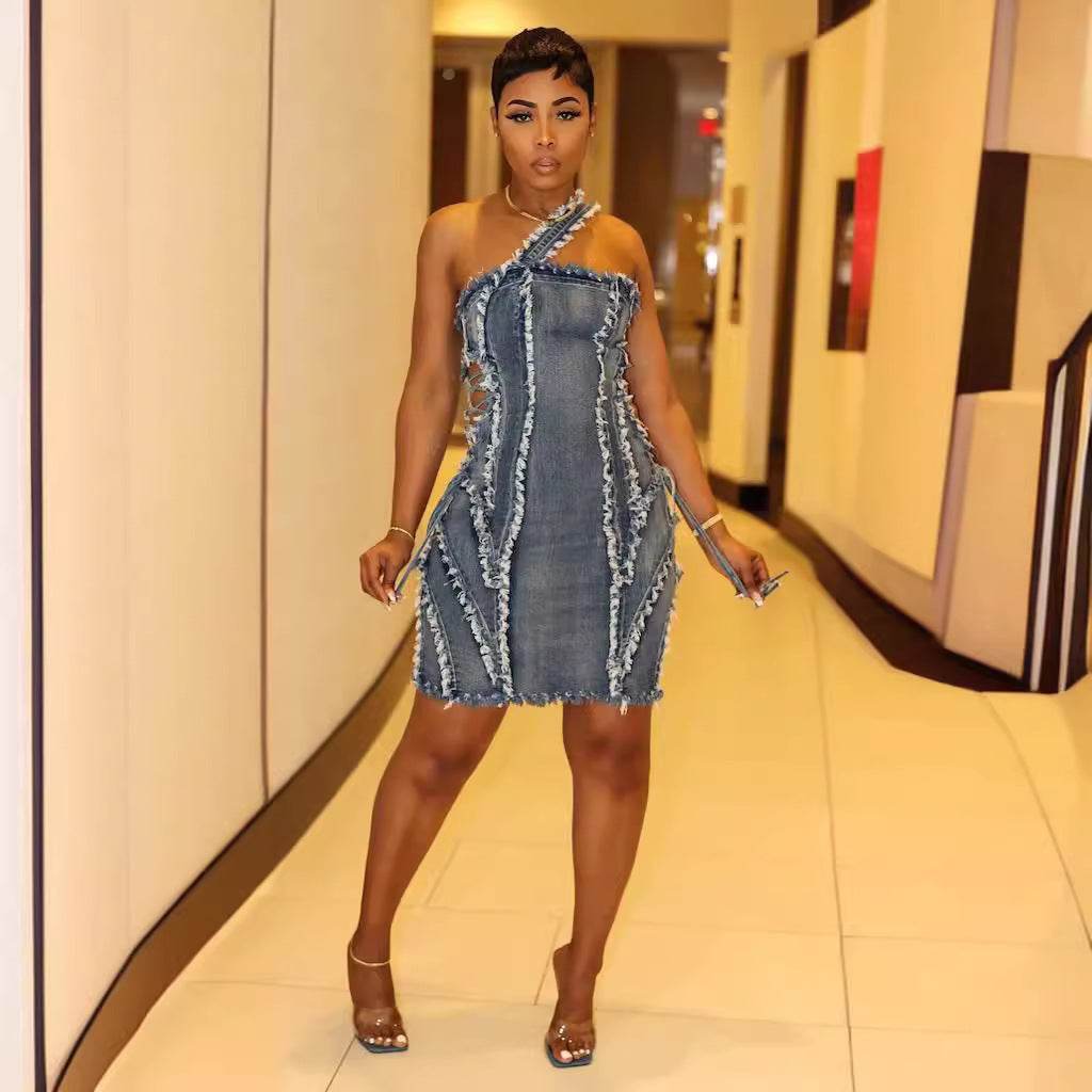 European And American Fashion Sleeveless Suspenders Elastic Denim Stitching fitted Dress - Velora