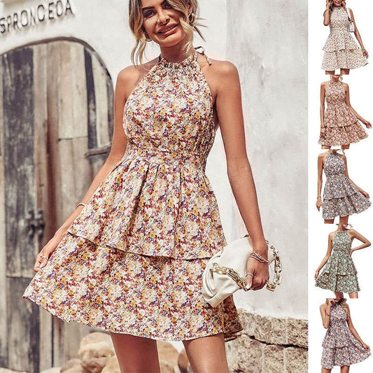 Summer Printed Halter Dress Fashion Boho Backless Ruffled A-Line Beach Dresses For Womens Clothing - Velora