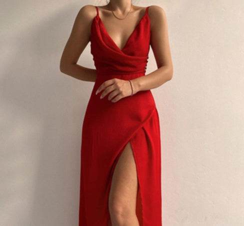 V-neck Slit Sling Dress Summer Fashion Sexy Slim Suspender Dresses For Women Clothing - Velora