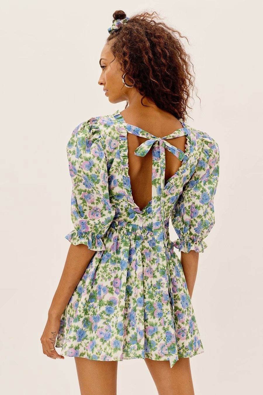 Women Summer Green Floral Chiffon Dresses Holiday Puff Short Sleeve V-Neck Back Lace Up Design Wrap One Piece Dress - Velora