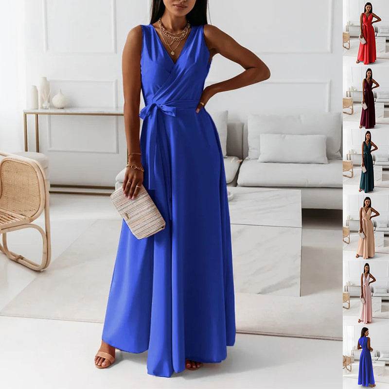 V-neck Sleeveless Dress With Belt Summer Fashion. - Velora