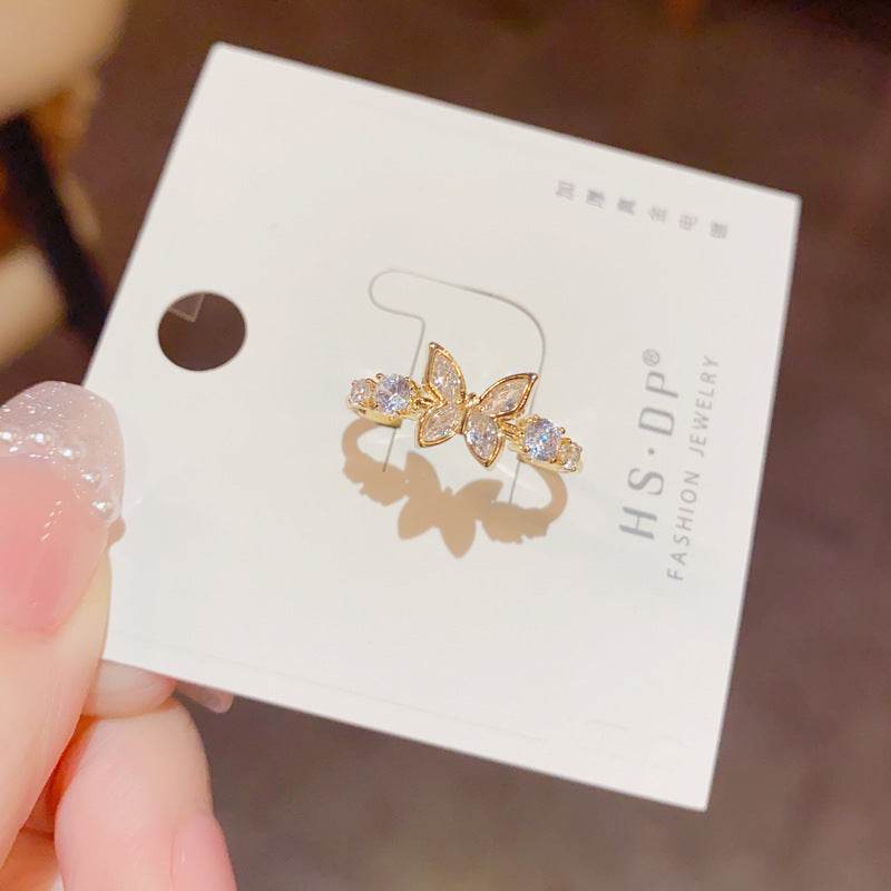Fashion Jewelry New Style Gold Plated Beautiful Sweet Diamond Inlaid Butterfly Ring Women'S Luxury Temperament Elegant Ring Party Jewelry - Velora