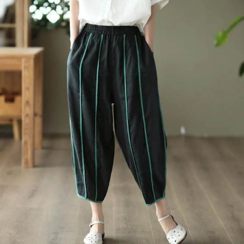 Summer Thin Striped Cotton And Linen Cropped trouser Pants For Women - Velora