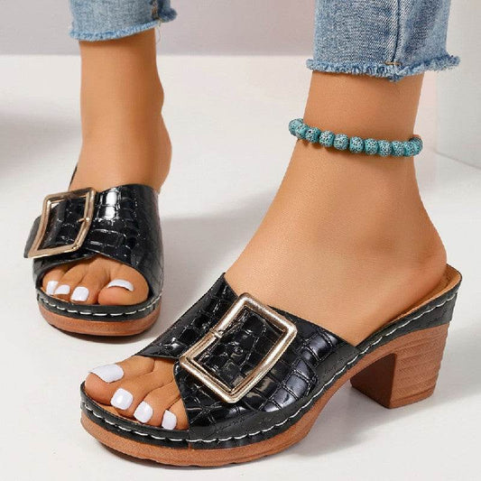 Fashion Crocodile-textured Buckle Sandals Square Chunky Heel Peep-toe Slides Slippers Women Shoes - Velora
