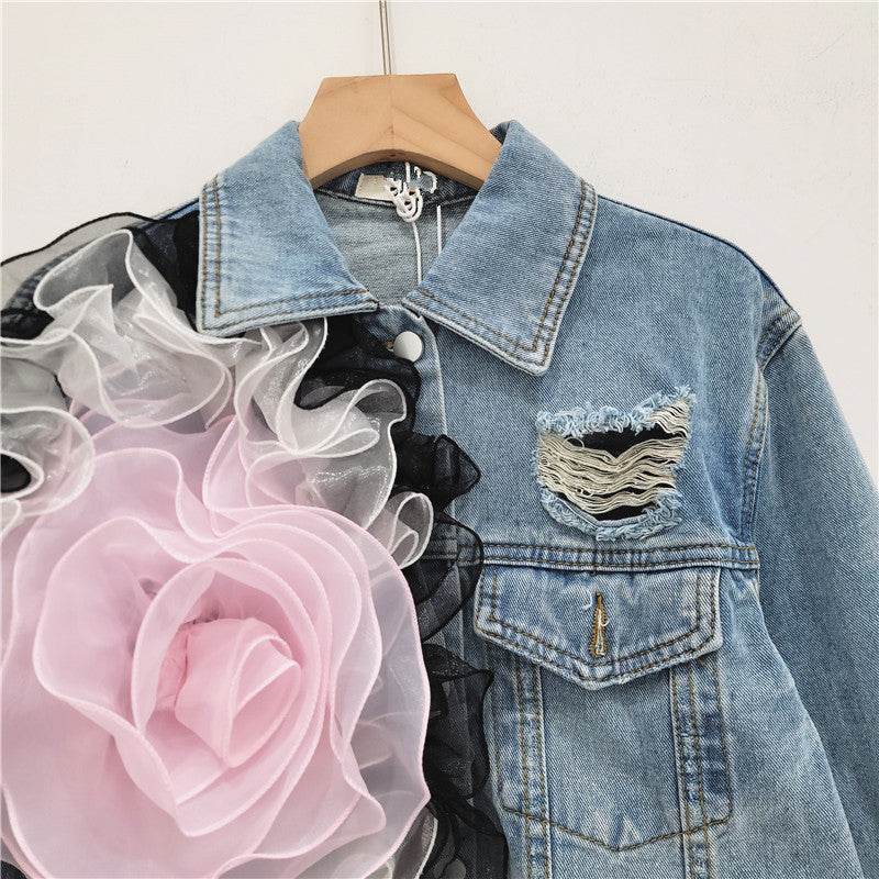Elegant women fashion embroidered cropped Ripped blue Denim Jacket - Velora