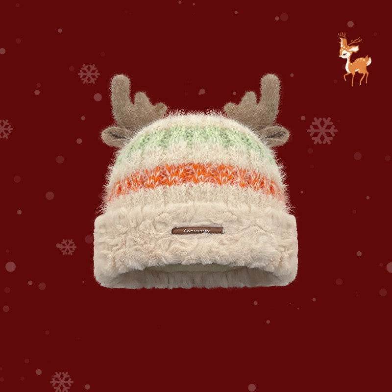 Christmas Knitted Hat With Cute Deer Antler Winter Warm Thick Hat For Girls Women - Velora