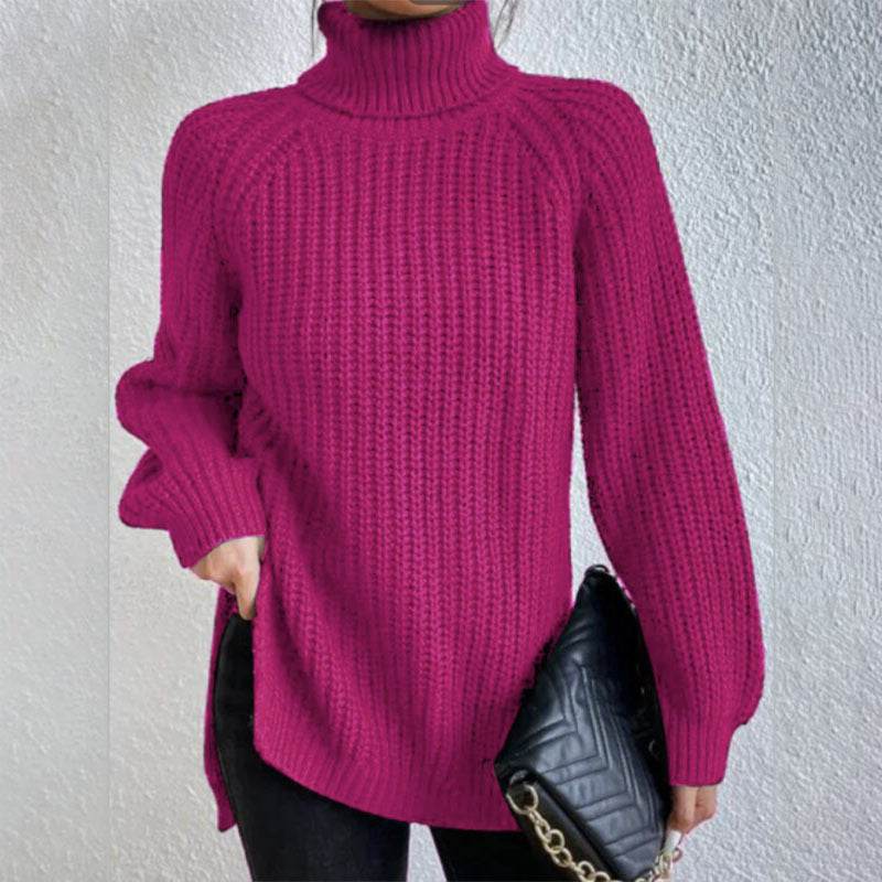 Turtleneck Pullover Sweater With Split Design Fashion Simple Solid Color Long Sleeve Tops Women's Clothing - Velora