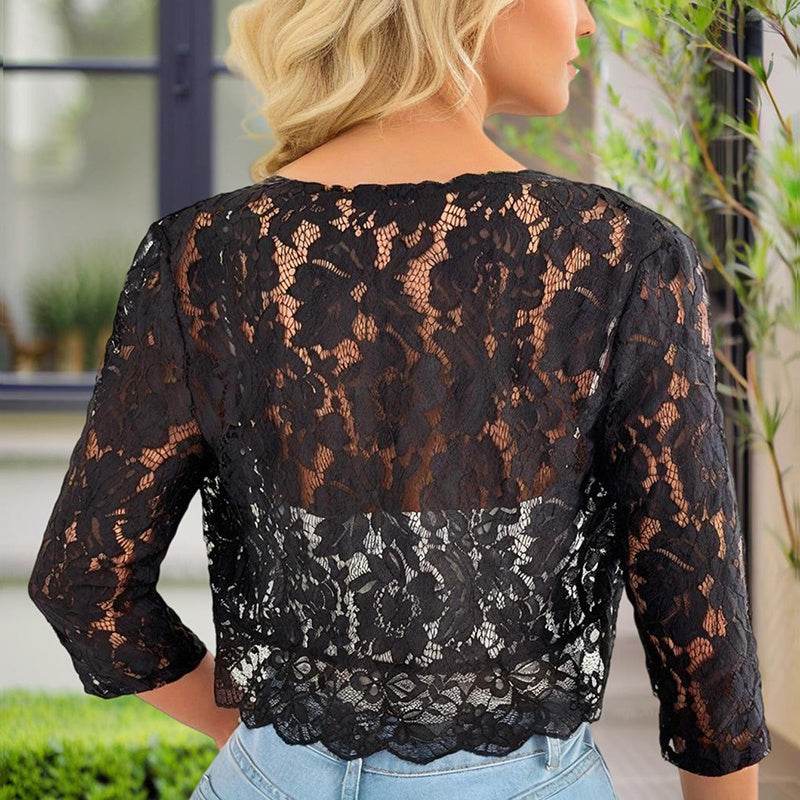 Women's Solid Color Cropped Lace Cardigan - Summer Fashion Medium-Long Sleeve Open Front Top - Velora
