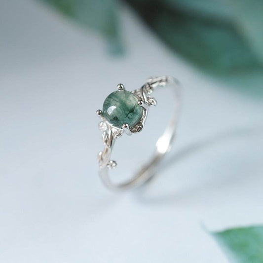 S925 Silver Green Moss Ring Water Plants Agate Stone Finger Ring - Velora
