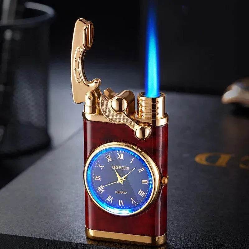New Lighter With Electric Watch Rocker Arm Automatic Ignition Straight Blue Flame Lighter Creative Real Dial Inflatable Windproof Cigar Lighter Men's Watch Gift - Velora