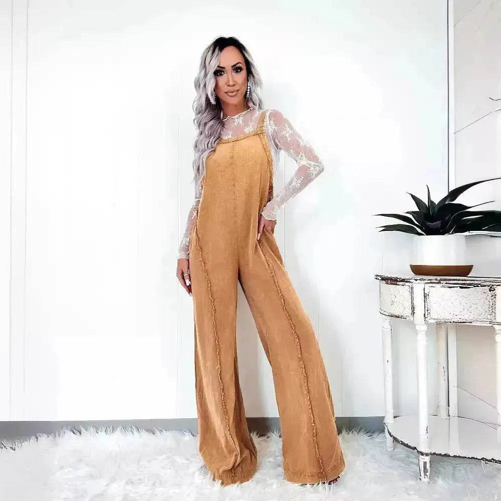 Retro Washed Raw Edge Denim Wide-leg Suspender Denim Jumpsuit Baggy Denim Jeans Jumper - Velora
