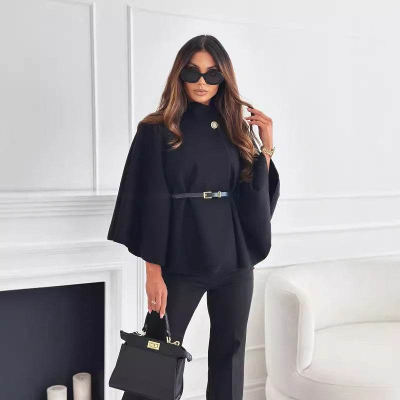 New Stand Collar Batwing Sleeves Cloak Top With Belt Ins Fashion Temperament Jacket Woolen Sweater Outwear For Women Clothing - Velora