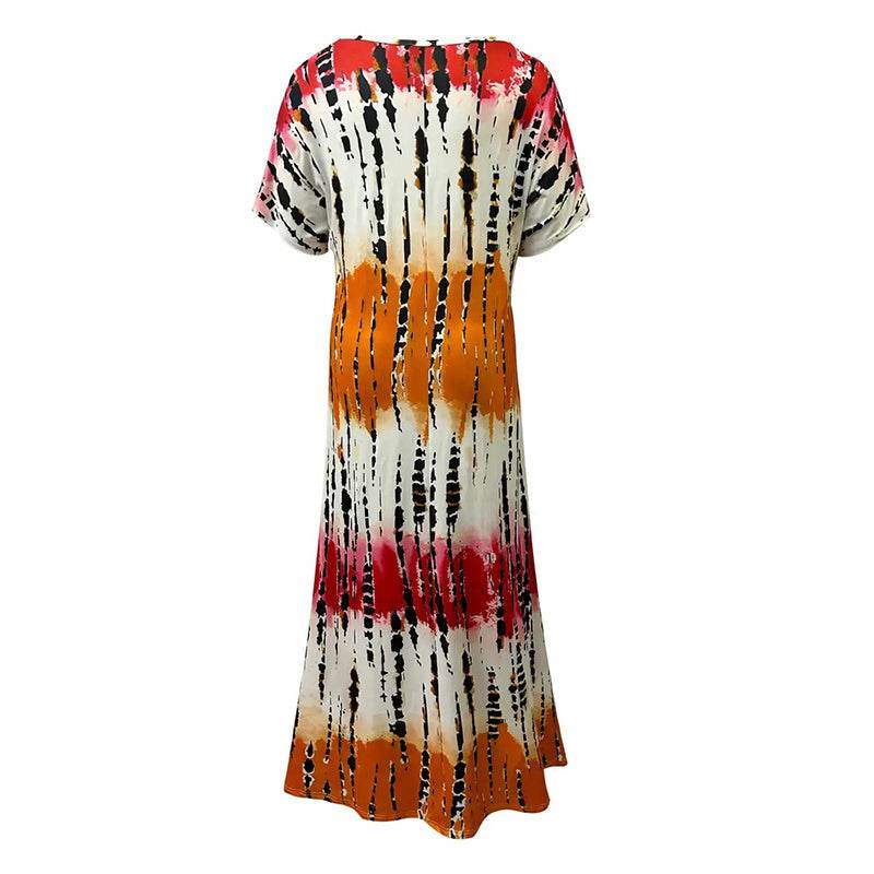 Women's Summer Tie Dye Maxi Dress Short Sleeve V Neck Casual Loose Long Split Dresses - Velora