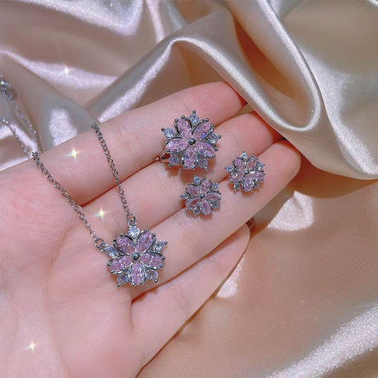 Fashion Jewelry Zircon Women Necklace Ring Double Layers Flower Cubic Zirconia Jewelry Shiny Simple All Match Stud Earrings Ring Necklace For Wedding - Velora