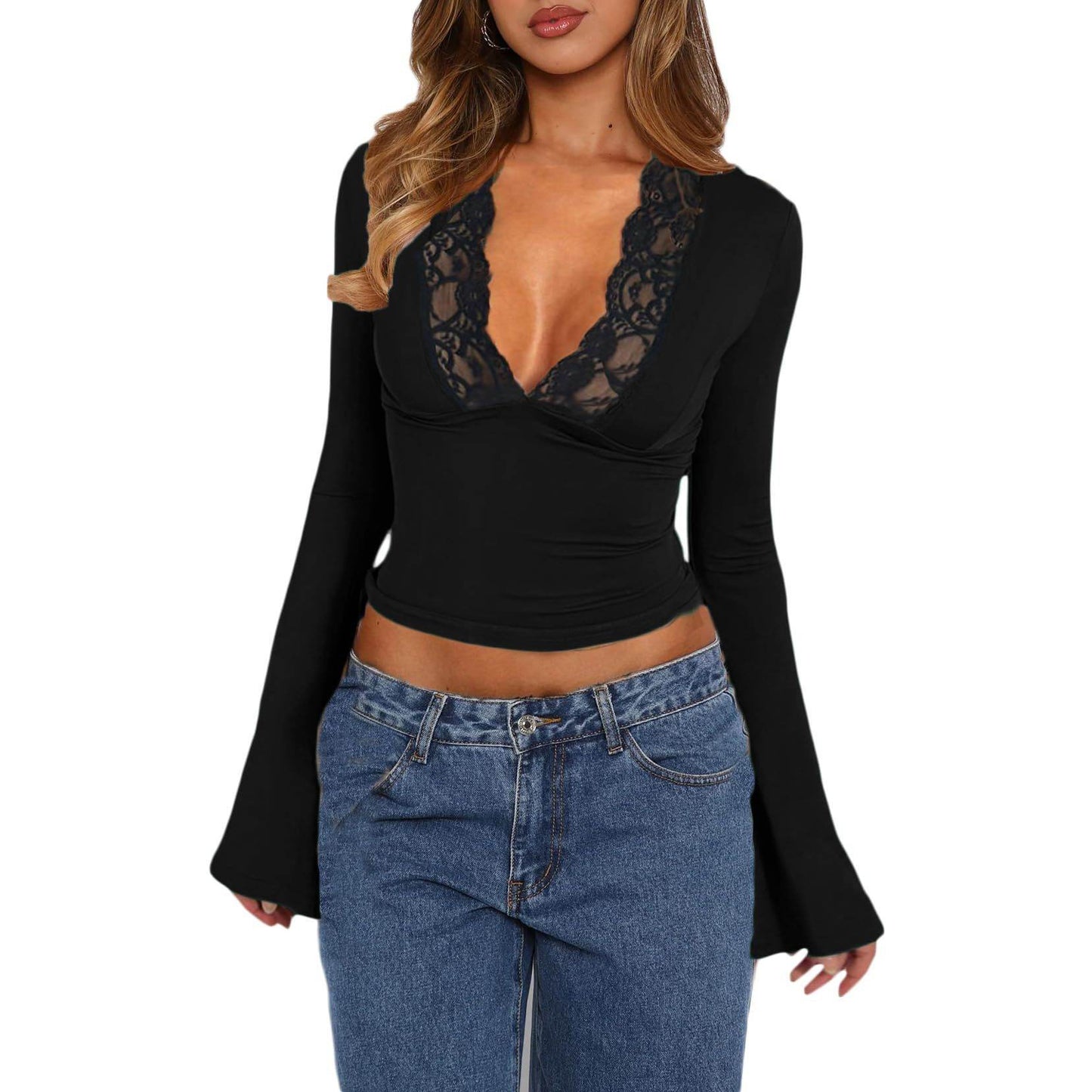 Slim V-neck Lace Ins Fashion Trumpet Sleeve Long-sleeved tank Top Women Clothing - Velora