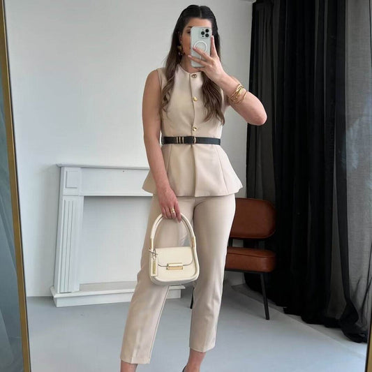 Belt Simple Sleeveless Shirt Bandage Dress Waist-tight Vest - Velora