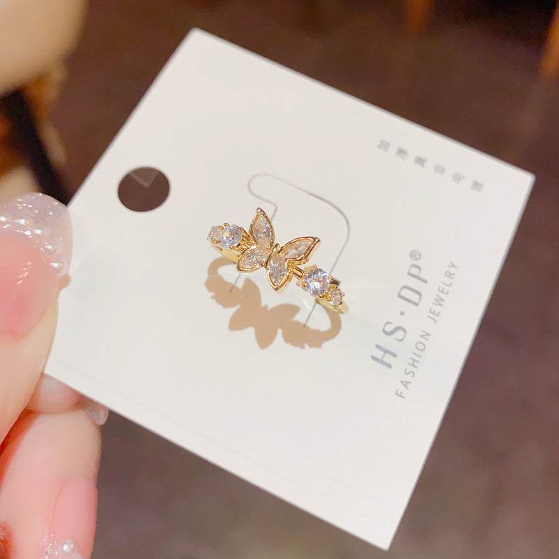 Fashion Jewelry New Style Gold Plated Beautiful Sweet Diamond Inlaid Butterfly Ring Women'S Luxury Temperament Elegant Ring Party Jewelry - Velora