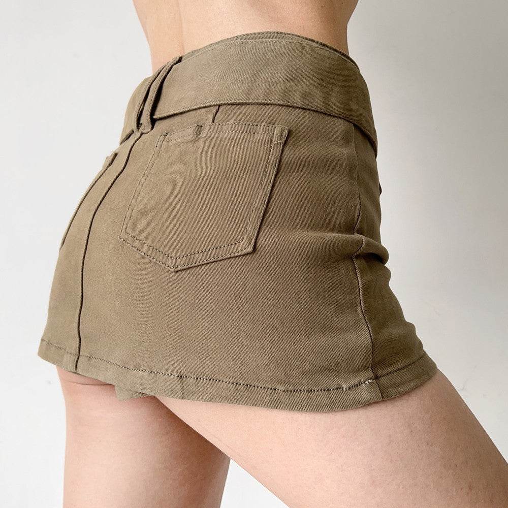 American Retro Wide Waistband Denim Mini Skirt with Belt - Velora