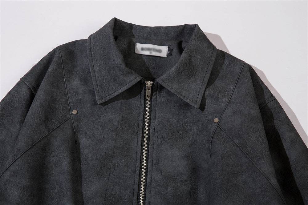 Men's Loose Casual Polo Collar Leather Coat - Velora