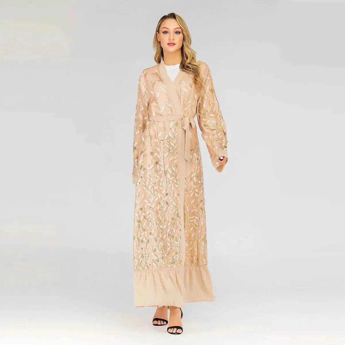 Champagne Sequined Abaya Dress for Dubai Turkey Women Dubai Abaya Kimono - Velora