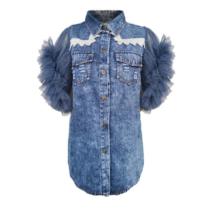 Single Breasted Lapel Frayed denim jacket Clothing top women - Velora