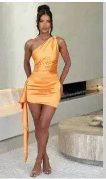 One-shoulder Sleeveless Mini Dress Charming Slim Backless Party Wedding Satin Dresses Womens Clothing - Velora