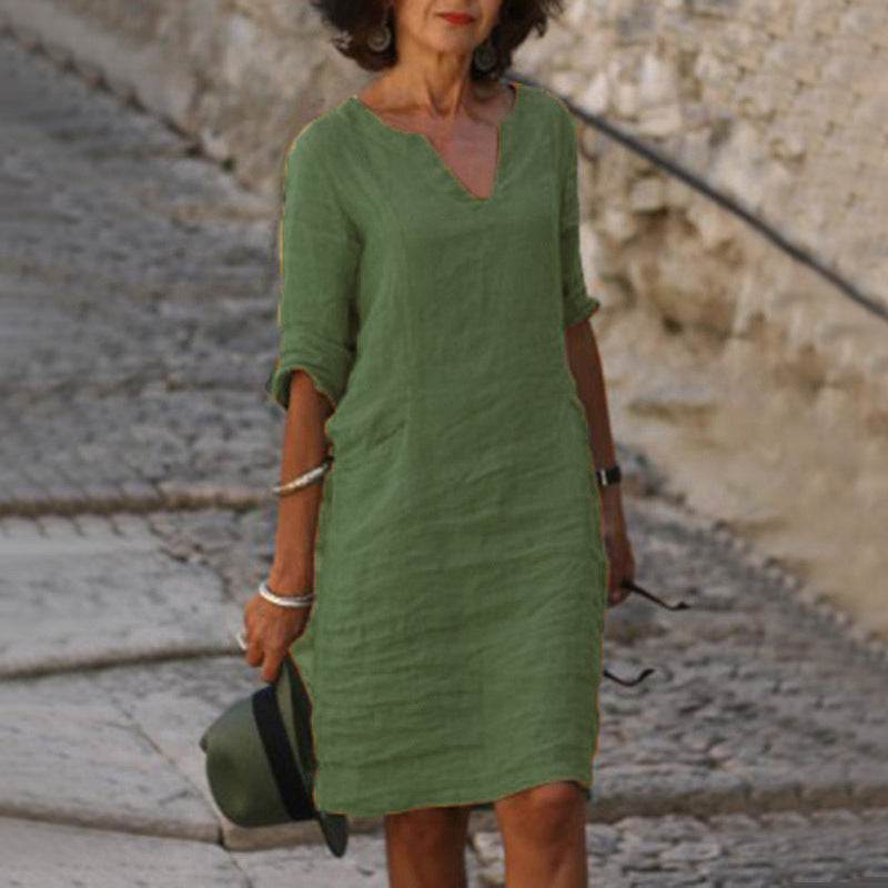 Cotton And Linen V-neck Dress Summer Stitching Retro High Waist Pure Color Dresses - Velora