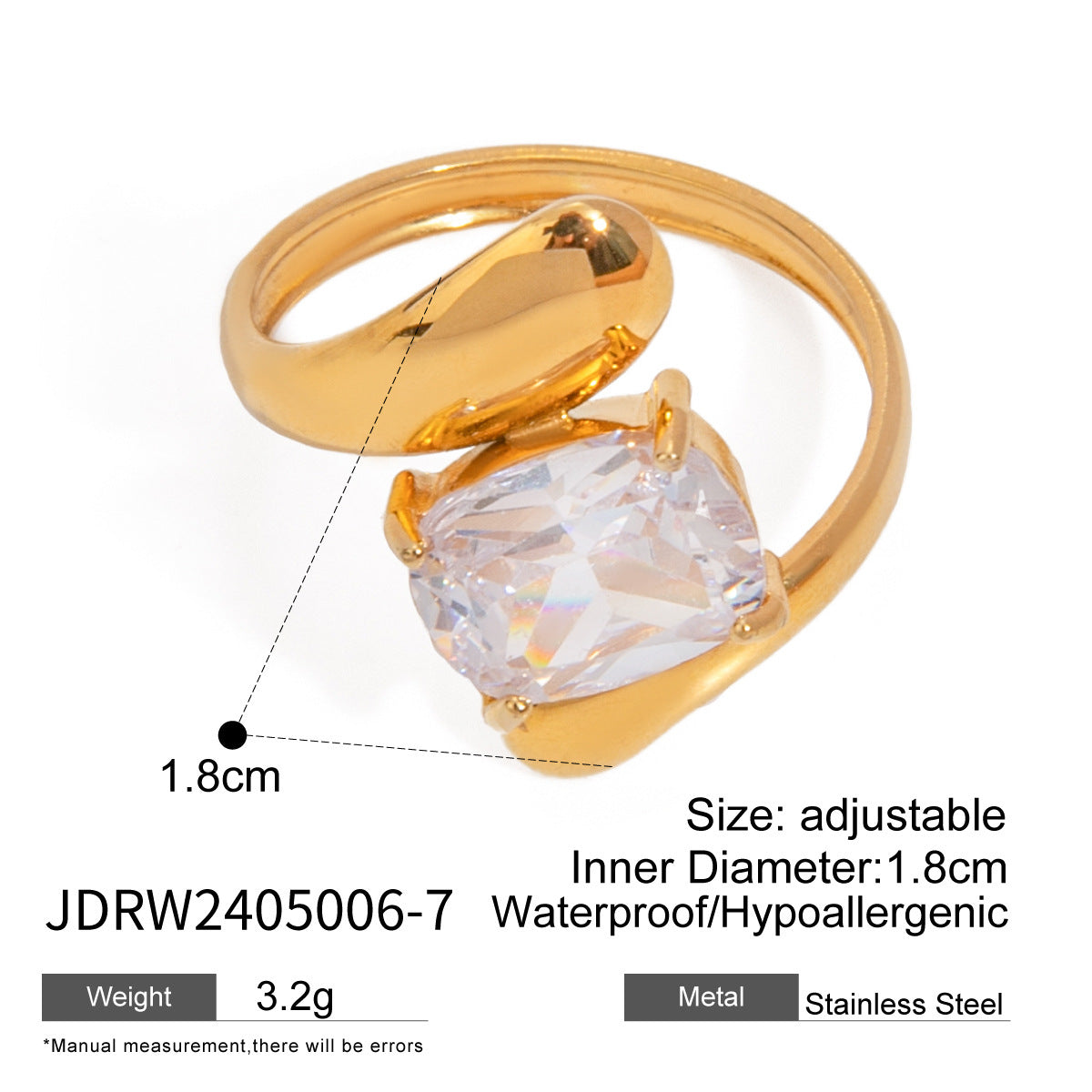 18K Gold Stainless Steel Open-end Zircon Ring High-grade Ins