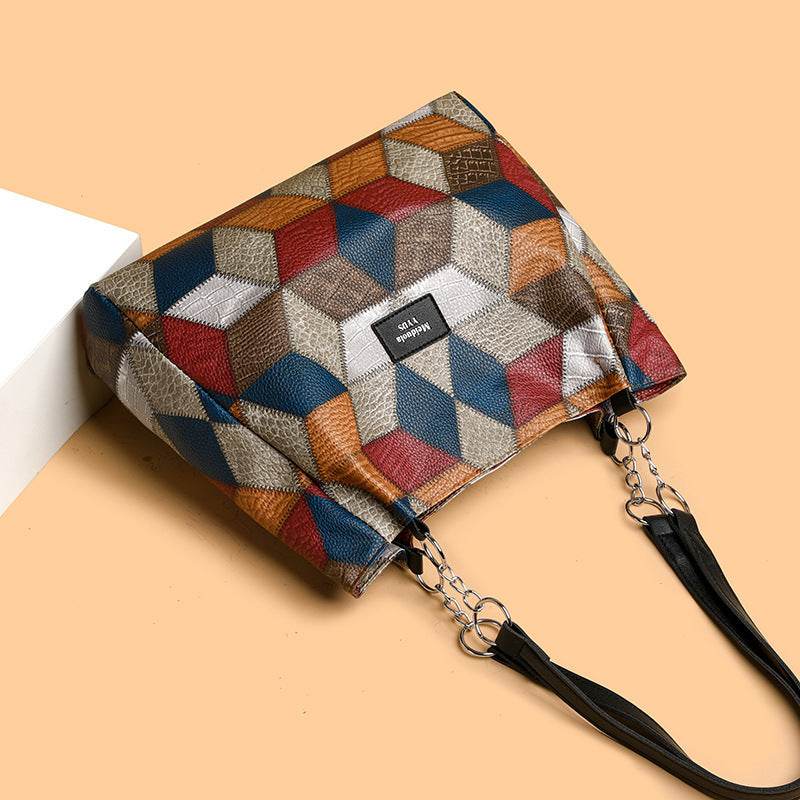 Retro Geometric Pattern Color-matching Shoulder Bag Fashion Large Capacity Stitching Handbag For Women Totes - Velora