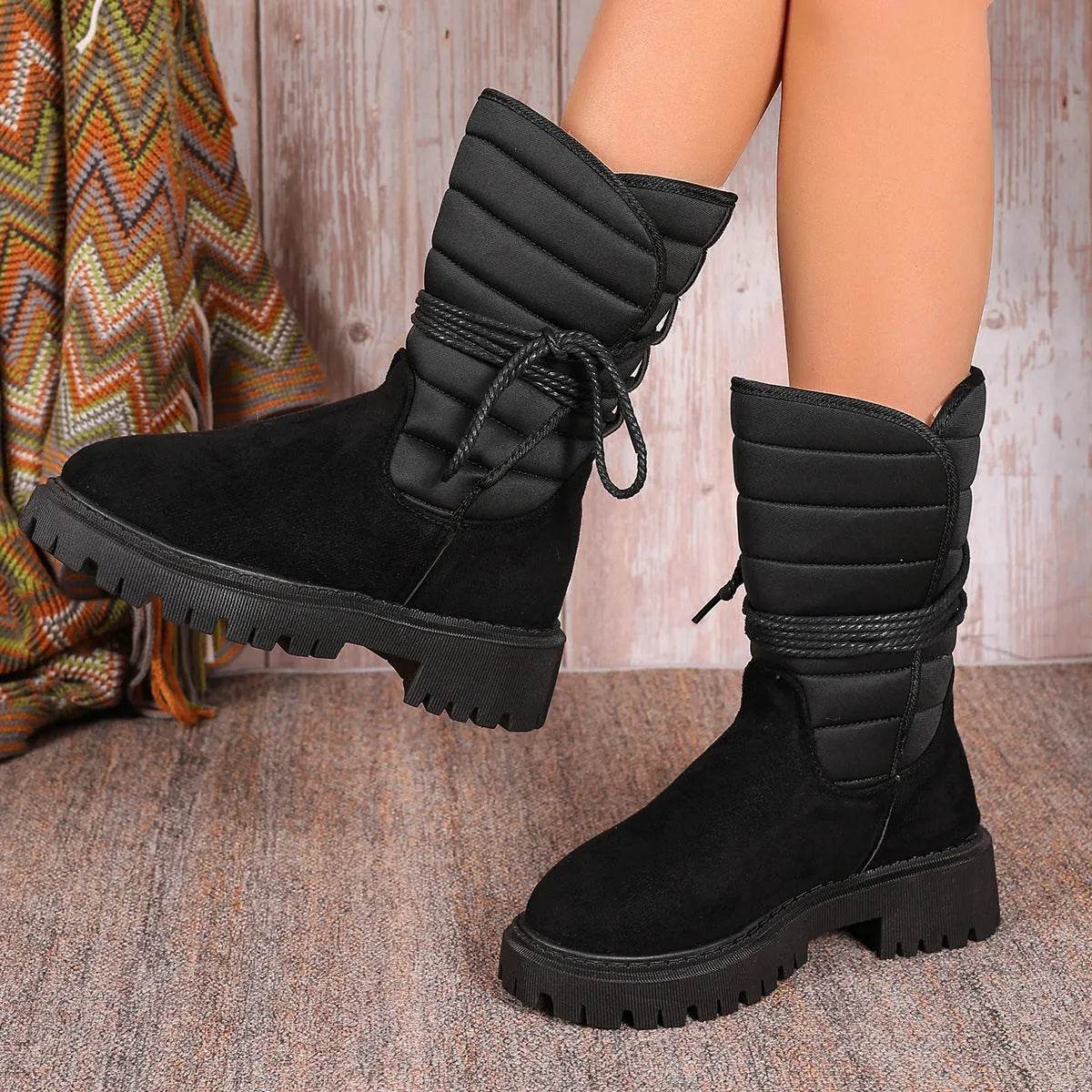 New Chunky Heel Mid-tube Snow Boots Winter Warm Fleece Boot With Lace-up Design Fashion Casual Shoes For Women - Velora