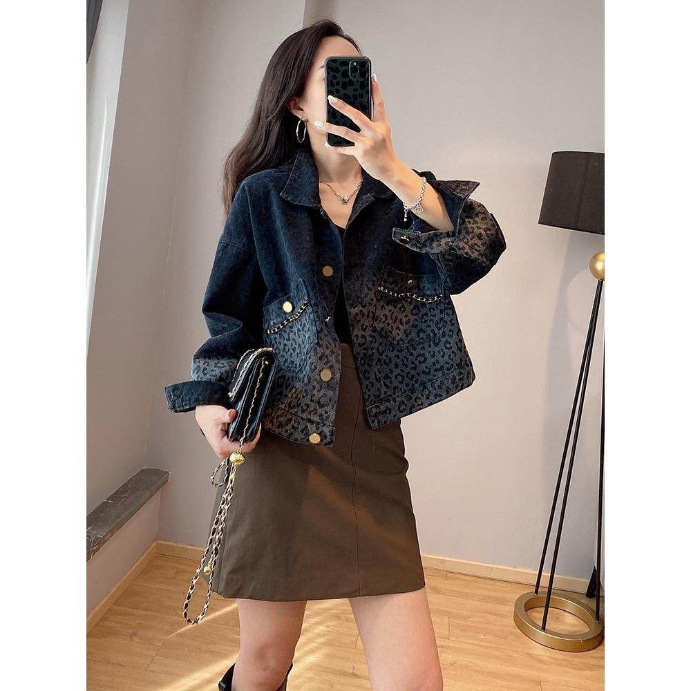 Black Retro Leopard Print Denim Jacket For Women - Velora