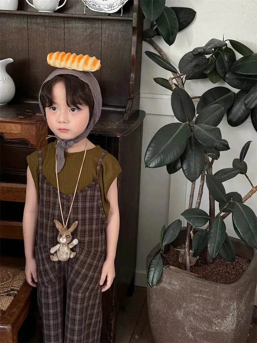 Summer Children's Plaid Overalls boy And girl Baby Unisex Mori Style Retro Jumpsuit Straight-leg Pants - Velora