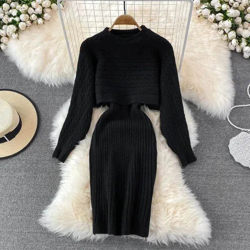 Autumn Winter Sassy Woolen Knitted Two Piece Midi Sweater Dress Outfit set - Velora