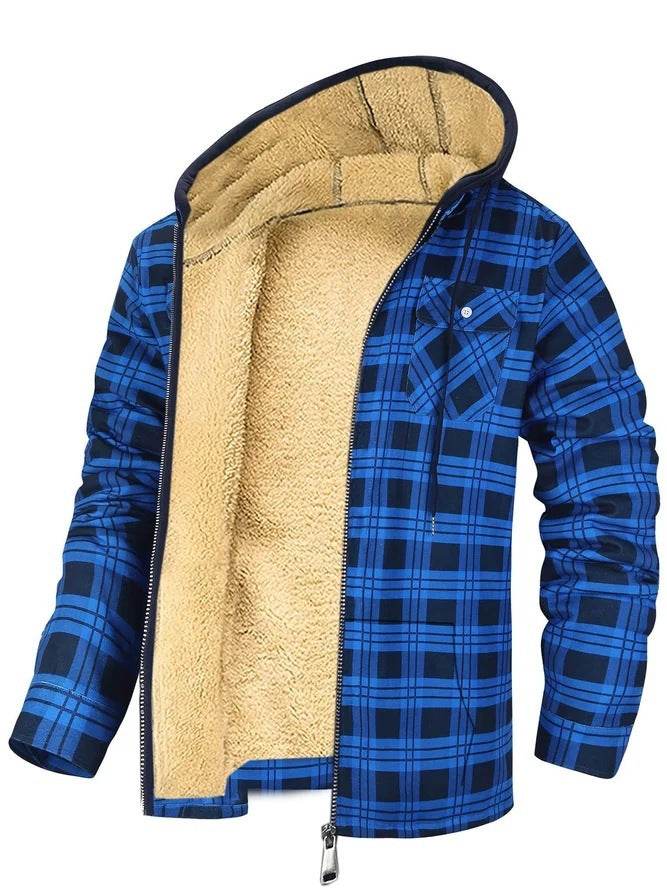 Men's Plaid Print Hooded Zip-Up Jacket Winter Thickened Cotton-padded Coat Warm Clothing - Velora
