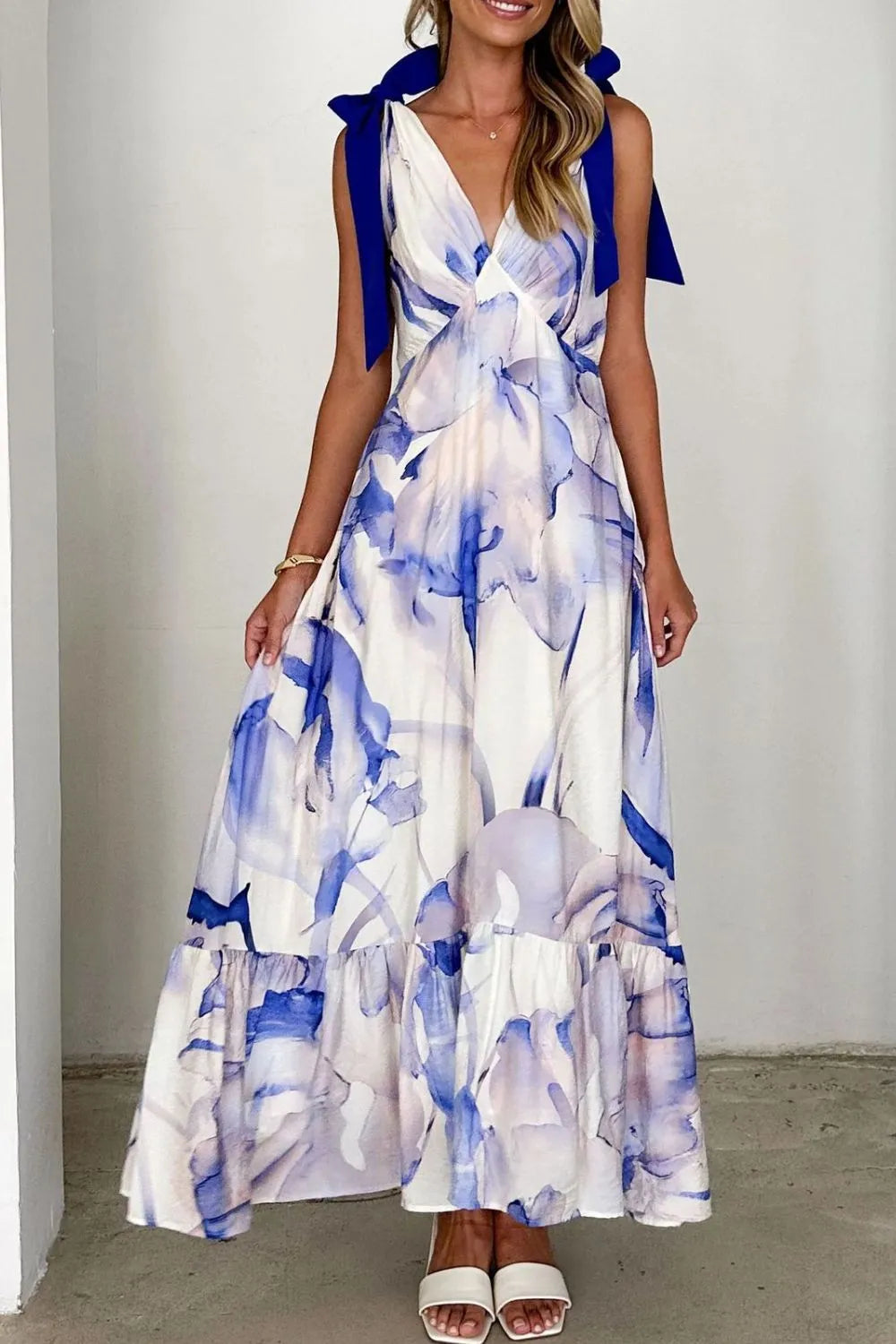 Printed V-Neck Tie Shoulder Midi Cami Dress - Velora