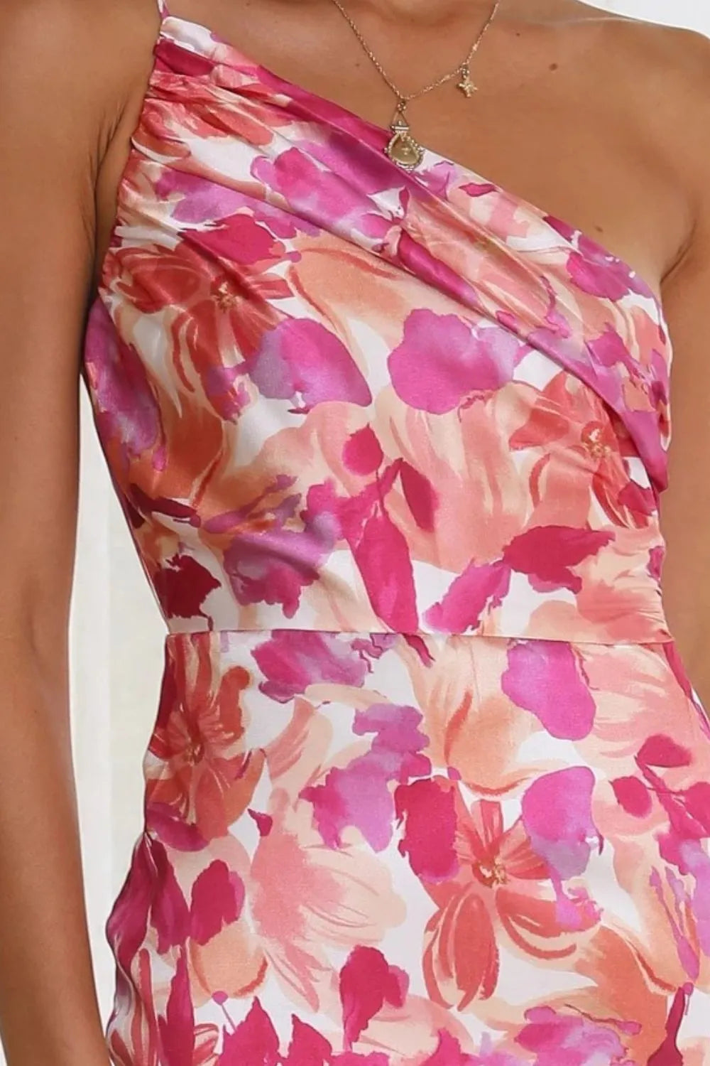 Ruched Printed Single Shoulder Midi Dress - Velora