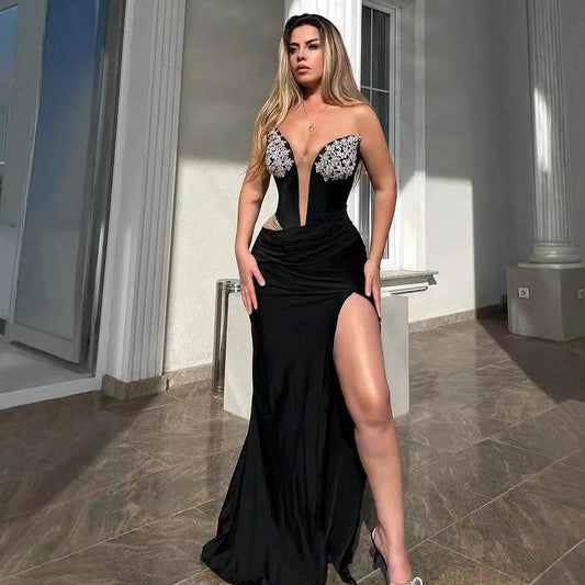 Women's Black Bandeau Slim-fit Drilling Slit Cocktail Evening Dinner Dress - Velora