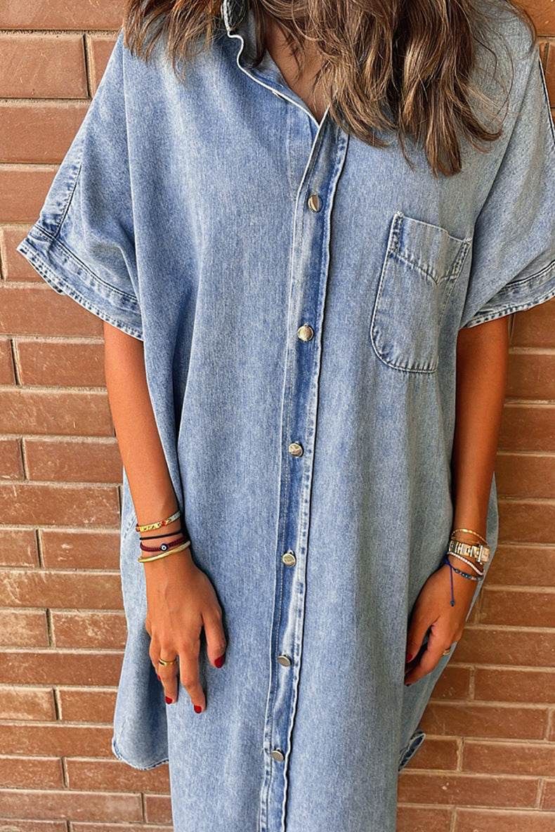 Women's Solid Color Single Row Multi-buckle loose Dress Short Sleeve Denim - Velora