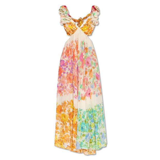 Fashion V-neck Ruffle Sleeve Long Dress Summer Romantic French-Style Flowers Print Bow-knot Backless Design Beach Vacation Dresses Womens Clothing - Velora