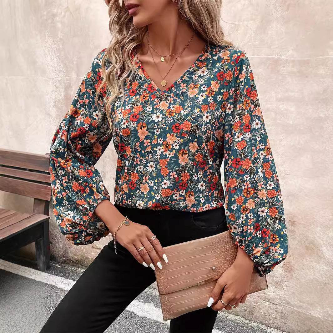 Women's V-neck Lantern Long Sleeve Shirt Autumn casual blouse top - Velora