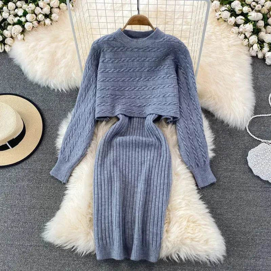 Autumn Winter Sassy Woolen Knitted Two Piece Midi Sweater Dress Outfit set - Velora