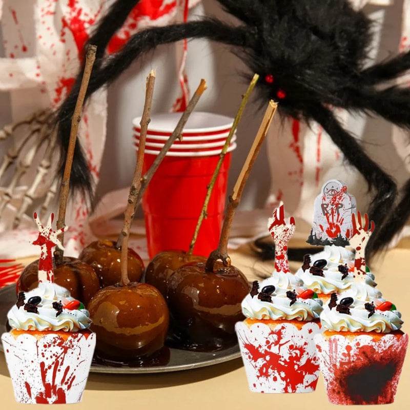 48Pcs Halloween Cupcake Toppers Wrappers Rip Kit Bloody Zombie Hand Cupcake Pick Decorations For Halloween Horror Movie Bloody Theme Birthday Party Cake Decorations Supplies - Velora
