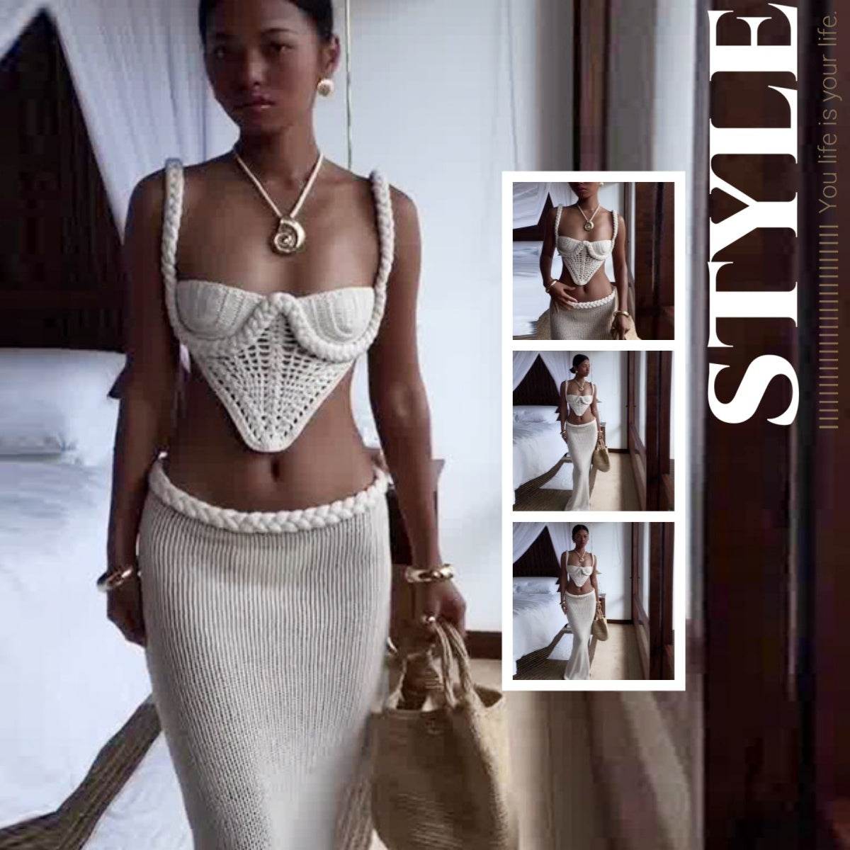 Y2K Crochet Knit 2 Piece Skirt Set Women's Square Collar Camisole Hip Skirt Hollow Out Strapless Tube Top Low Waist Bodycon Maxi Skirts Outfit - Velora