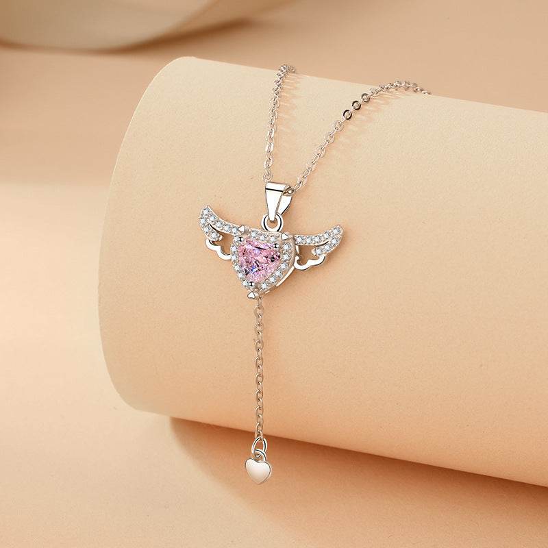 Moving Cupid Heart Angel Wings Tassel Necklace With Crystal Clavicle Chain Women Jewelry Gift Valentine's Day - Velora