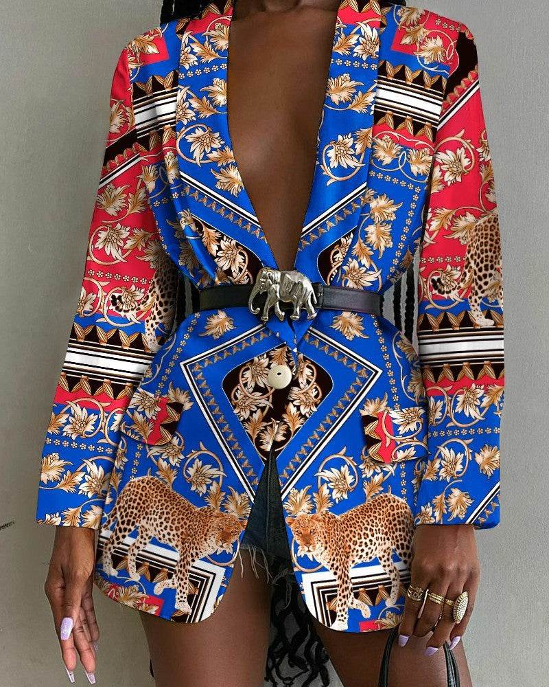 Fashion Printed Shawl Collar Single-breasted Belt Vintage Blazer Women - Velora