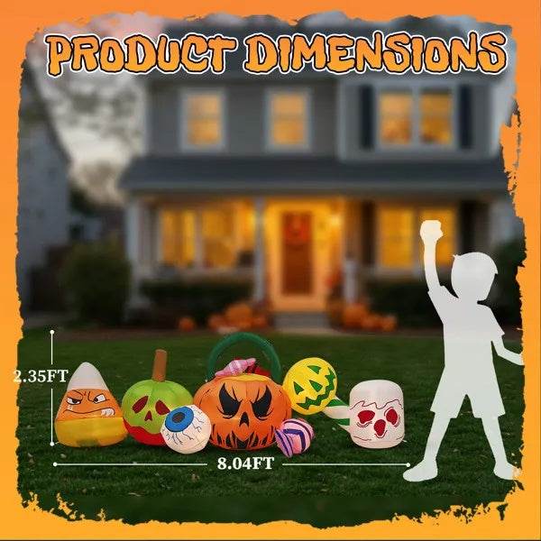 8FT Long Halloween Inflatables Pumpkins Eyeball Candy Outdoor Decorations, Blow Up Yard Decoration With Built-in LEDs Lighted For Lawn Garden Outside Indoor Decor - Velora