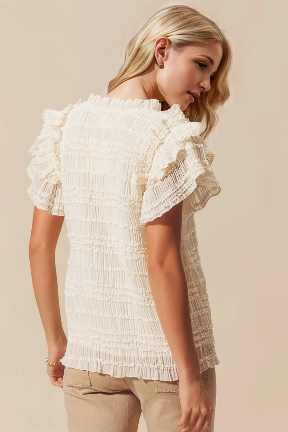 Oh Full Size Frill Notched Flounce Sleeve Blouse - Velora